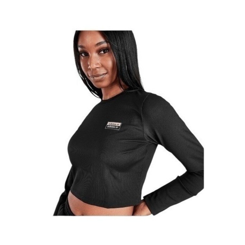 Adidas Ribbed Knit Top Black Athletic Cropped Long Sleeve Crewneck S  Adidas Ori